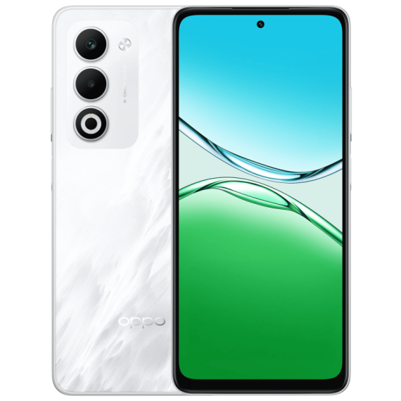 OPPO A5 packshot Blanc brumeux, smartphone 4G double SIM, écran 6,67″