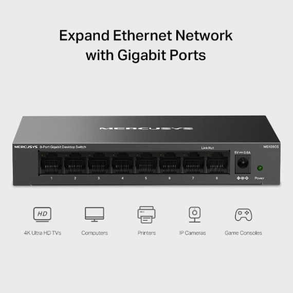 Ports 10/100/1000 Mbps du Switch 8 ports Gigabit