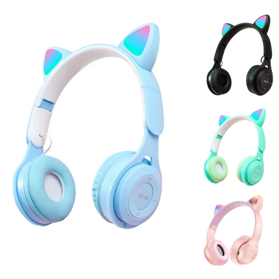 casque Bluetooth sans fil avec carte mémoire et design chat