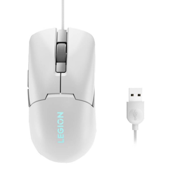 Souris Gamer Filaire Lenovo M300S RGB Blanc sur bureau