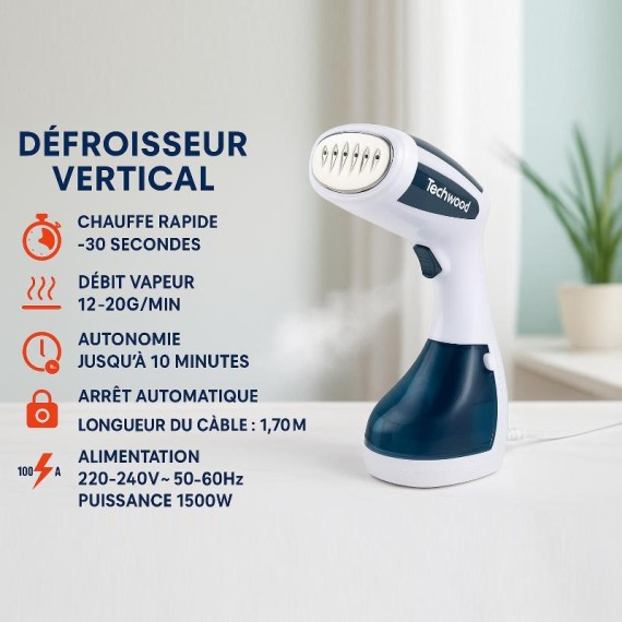 Défroisseur À Main Techwood TDV-1501 blanc et bleu en action