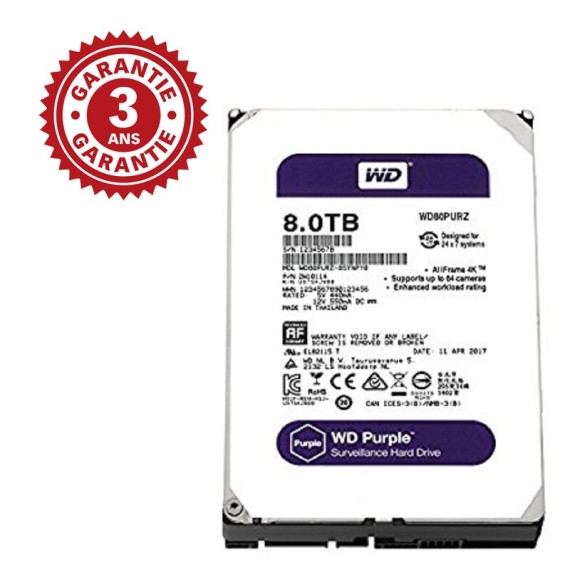 DISQUE DUR INTERNE 3.5" POUR VIDEO SURVEILLANCE WESTERN DIGITAL PURPLE 8 TO