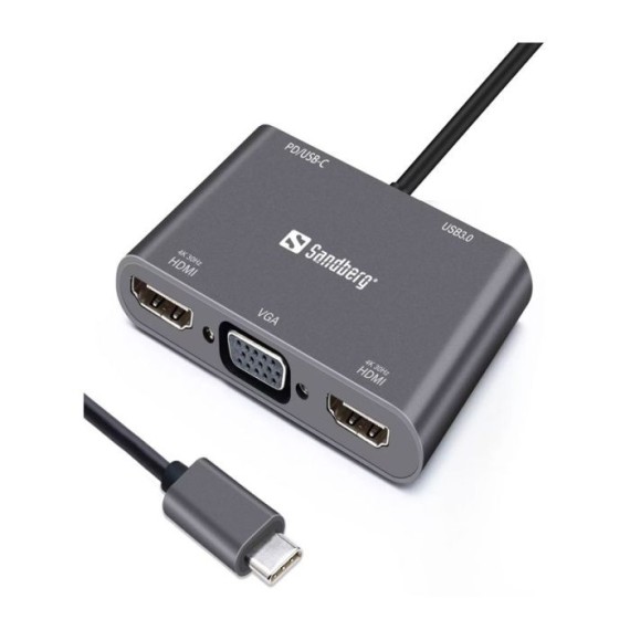 Station d'accueil SANDBERG Dock USB-C 2XHDMI+1XVGA+USB+PD - Gris