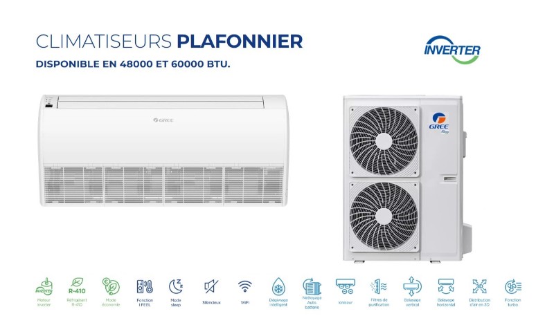 Climatiseur 48 000 BTU Plafonnier Inverter GREE design moderne et silencieux