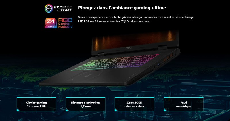 Clavier rétroéclairé MSI Crosshair 18 HX AI PC portable gamer