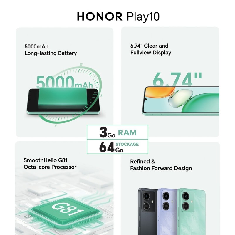 Mobile Honor Play 10 design élégant 3Go 64Go Cyan